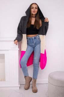 Trojfarebný pruhovaný sveter s kapucňou - grafitová ružová béžová