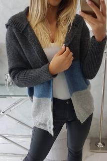 Trojfarebný sveter s kapucňou - sivá-grafitová-džínsova