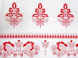 Bavlnená látka s bordúrou šírka 150 cm bieločervená listy