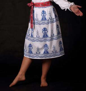 Dievčenská folklórna sukňa, bavlnená, bordúrová, dlhá 50 cm, modrá s kvetimani, 10 - 12 roky