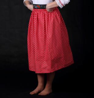 Dievčenská folklórna sukňa, bavlnená, opakovaný vzor, dlhá 50 cm, červená so srdiečkami, 2 - 3 roky