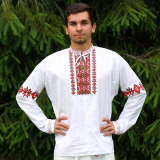 Pánska folklórna bavlnená košeľa ANDREJ, ručne šitá, červený vzor, vlastné rozmery