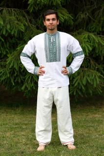 Pánska folklórna bavlnená košeľa MATÚŠ, ručne šitá, zelený vzor, veľkosť 2XL