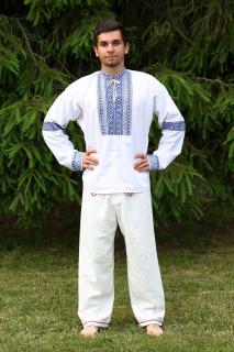 Pánska folklórna bavlnená košeľa PAVOL, ručne šitá, modrý vzor, veľkosť 3XL