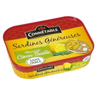 Connétable Sardinky v marináde s citrónom a bazalkou, plech 140g (617311 Connétable Sardine Généreuses au Citron )