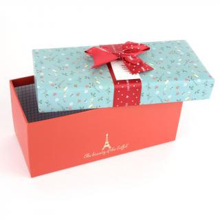 Darčeková krabica LUXURY L 30x14,5x13,5 cm, Eiffelova veža+kvetiny, bordová mašľa (KS0232L)