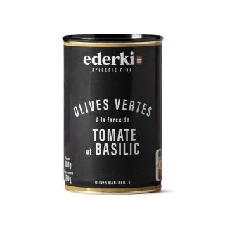 Ederki Olivy Manzanilla s paradajkou a bazalkou, plech 300g ( Olives farcies au tomates et basilic 300g)