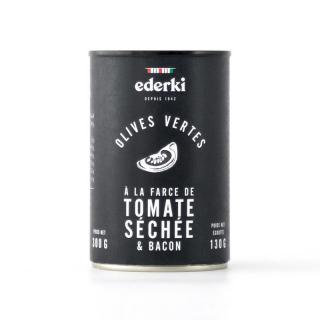 Ederki Olivy Manzanilla so sušenými paradajkami a slaninkou, plech 300g ( Olives farcies au tomates séchées et bacon 300g)