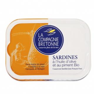 La Compagnie Bretonne Sardinky s korením v olivovom oleji BIO, plech 115g (6512 - Sardines a l'huile d'olive bio et piment bio)