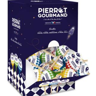 Pierrot Gourmand 150 ks ovocných guľatých lízaniek, Francúzsko, prezent. krabica 1800g (AN004 Sucettes boules, boite de 150)
