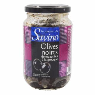 Savino Čierne olivy Beldi, vykôstkované, Francúzsko, pohár 370ml (165524 Olives noires dénoyautées pot 37cl, Savino)