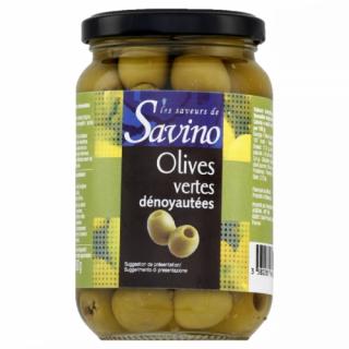 Savino Zelené olivy vykôstkované, Francúzsko, pohár 370ml (166531 Olives vertes dénoyautées pot 37cl Savino Carton de 12 bocaux 37cl)