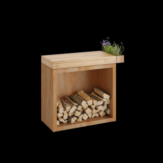 stolík s teakovou doskou OFYR BUTCHER BLOCK STORAGE 90 CORTEN