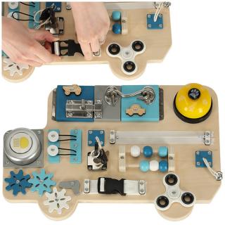 Montessori drevená manipulačná doska 30x30 cm modrý psík (Drevená manipulačná doska)