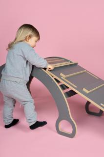 Montessori hojdačka, swing 7v1 sivá, rebríkové úchyty sivé (100% ECO FRIENDLY, vyrobené z prírodných materiálov)
