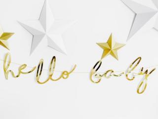 Banner Hello Baby  (Nežný nápis Hello baby v zlatej farbe)