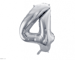 Fóliový balón s číslom 4 - Strieborný 86cm (Narodeninový fóliový balón číslo štyri, vhodný na plnenie vzduchom aj héliom.)
