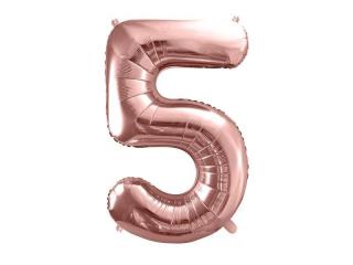 Fóliový balón s číslom 5 - Ružové zlato 86cm (Narodeninový fóliový balón číslo dva, vhodný na plnenie vzduchom aj héliom.)