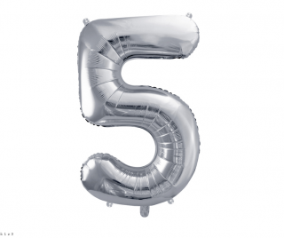Fóliový balón s číslom 5 - Strieborný 86cm (Narodeninový fóliový balón číslo päť, vhodný na plnenie vzduchom aj héliom.)