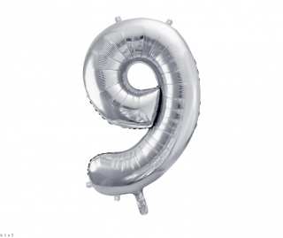 Fóliový balón s číslom 9 - Strieborný 86cm (Narodeninový fóliový balón číslo deväť, vhodný na plnenie vzduchom aj héliom.)