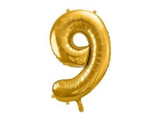 Fóliový balón s číslom 9 - Zlatý 86cm (Narodeninový fóliový balón číslo deväť, vhodný na plnenie vzduchom aj héliom.)