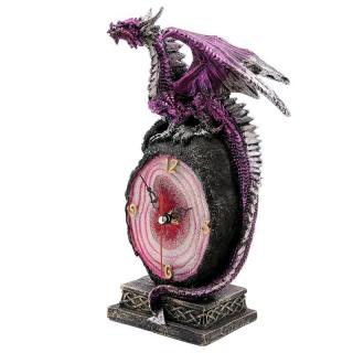 Fantasy stolové hodiny - Ružový drak na trblietavom kameni