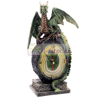 Fantasy stolové hodiny - Zelený drak na trblietavom kameni