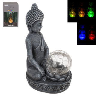 Meditujúci Buddha so solárnou LED dekoratívne popraskanou guľou