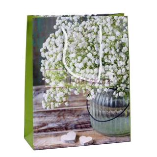 Papierová darčeková taška 18x23cm - Biele kvety a srdiečka