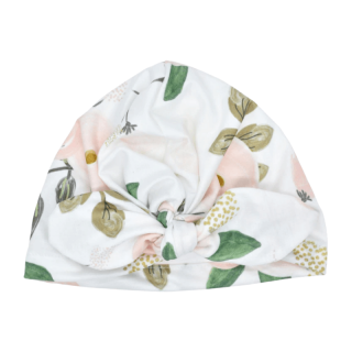 Čiapka pre bábätko s uzlom kvetkovaná biela (Detská čiapka turban kvetinkovaná biela)