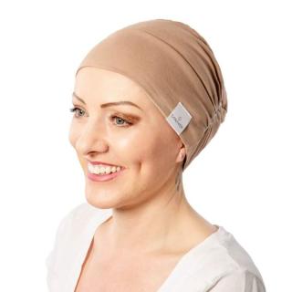 Tenká bavlnená dámska onko čiapka Canaver s trblietkami hnedá (Jednovrstvová čiapka po chemoterapii hnedá)