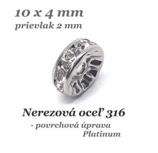 Štras. korálka - rondelka 10x4mm, prievlak 2mm /farba Platina   - nerez.oceľ 316