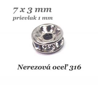 Štrasová korálka - rondelka 7x3mm, prievlak 1mm   - nerez.oceľ 316