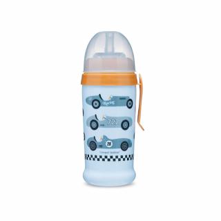 Canpol babies Športová fľaša so silikónovou nevylievacou slamkou AUTA 350 ml svetlo modrá