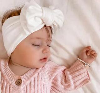 Bavlnená čelenka pre bábätko biela s mašľou, veľ. 0-3 mesiace