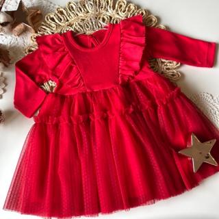 Detské šaty červené s volánikmi a tylovou sukničkou, veľ. 104