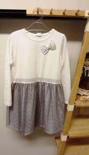 Detské šaty dlhý rukáv biele so sivou sukničkou, veľ. 116