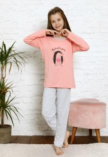 Dievčenské pyžamo dlhý rukáv ružové so sivou, veľ. 134
