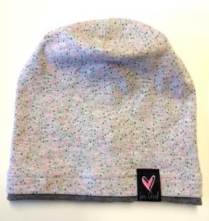Jarná bavlnená čiapka sv. sivá - Ružové a sivé bodky, obv. hlavy 48-50 (2-3 roky)