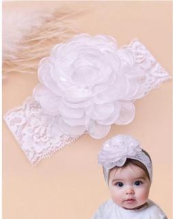 Krajková čelenka pre bábätko biela s kvetom, veľ. 0-6 mesiacov