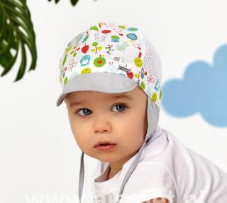 Letná vzdušná čiapka pre chlapčeka biela so sivou, obv. hlavy 40 cm