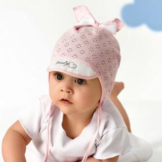 Letná vzdušná čiapka pre novorodenca svetlo ružová s mašličkou, obv. hlavy 36 cm