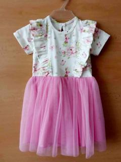 Letné šaty krátky rukáv smotanové s ružovou tylovou sukničkou, veľ. 92