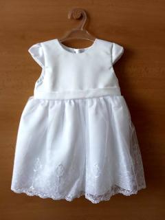 Sviatočné šaty krátky rukáv saténové biele s vyšívanou tylovou sukničkou, veľ. 80