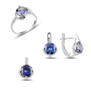 Luxusná sada s farebnými zirkónmi - prsteň, náušnice a prívesok - tmavo modrá