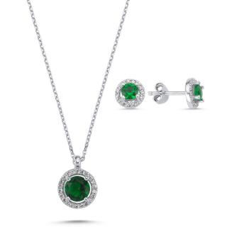 Strieborná sada šperkov kolieska zelený kameň - náušnice, náhrdelník