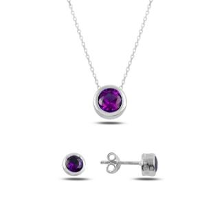 Strieborná sada šperkov kôstky fialový kameň - náušnice, náhrdelník