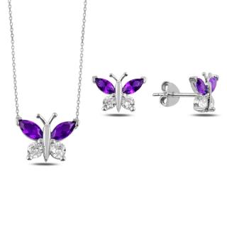 Strieborná sada šperkov motýľ fialový - náušnice, náhrdelník