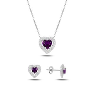 Strieborná sada šperkov srdca fialovej - náušnice, náhrdelník