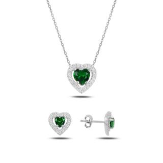 Strieborná sada šperkov srdca zelené - náušnice, náhrdelník